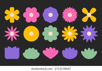 Coleção de formas de flores arredondadas abstratas e ícones de tulipa em estilo plano colorido para a marca botânica moderna