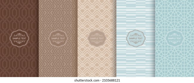 Collection of abstract seamless geometric patterns in trendy pastel colors. Set of 5 Cute seamless textures. Vector illustration for print, decor, tile, wallpaper, wrapping, textile, web page