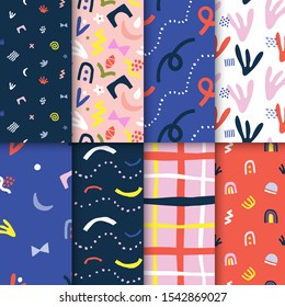 Collection of abstract seamless patterns. Contemporary abstraction hand drawn shapes made as colorful modern backgrounds, collage style. Set of trendy doodle backdrops.