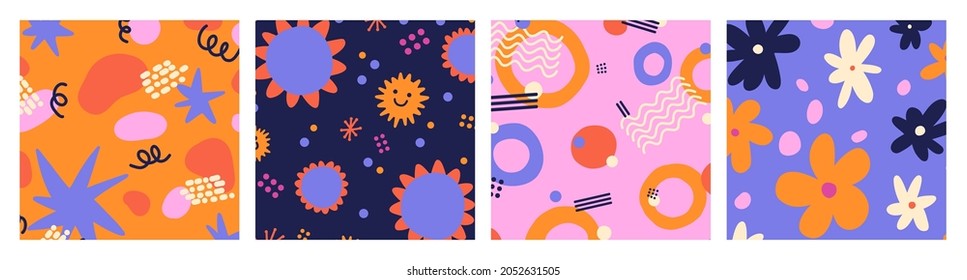 Colección de patrones abstractos sin fisuras. Dibujaron a mano varias formas y objetos de garabatos. Diseño vectorial para envolver papel, cubierta, tela, decoración interior. Ilustraciones vectoriales contemporáneas