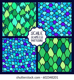 Collection of abstract seamless patterns. Hand drawn scale. Graphic ornament. Reptile skin texture.