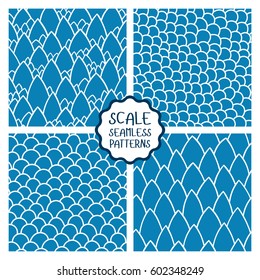 Collection of abstract seamless patterns. Hand drawn scale. Graphic ornament. Reptile skin texture.