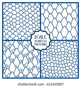 Collection of abstract seamless patterns. Hand drawn scale. Graphic ornament. Reptile skin texture.