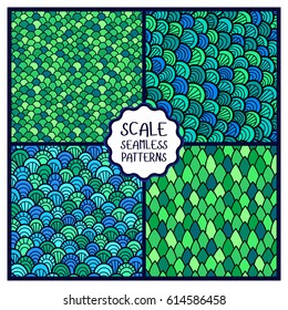 Collection of abstract seamless patterns. Hand drawn scale. Graphic ornament. Reptile skin texture.