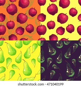 Collection of abstract seamless patterns with pears and apples, vector illustration