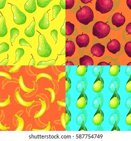 Collection of abstract seamless patterns with pears apples bananas and lemons, vector illustration