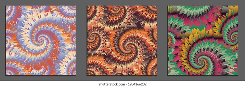 The collection of abstract seamless vector patterns in an ethnic psychedelic style. Tie-dye style