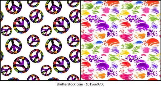 Collection abstract seamless white wallpaper with colorful brush strokes and hippie peace symbol with colorful splashed