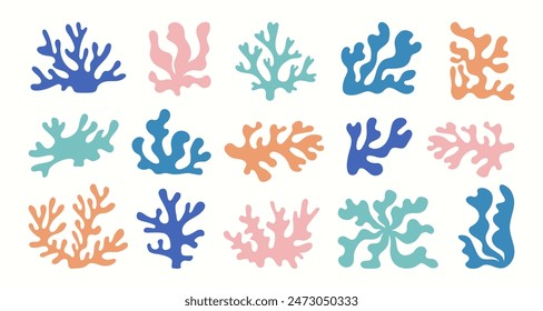 Collection of abstract seaweed aesthetic element and coral. Organic nature shapes in trendy Matisse art style. Contemporary collage. Ocean plants, underwater marine flora. Vector illustration.