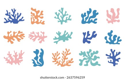 Collection of abstract seaweed aesthetic element and coral. Organic nature shapes in trendy Matisse art style. Contemporary collage. Ocean plants, underwater marine flora. Vector eps file.	
