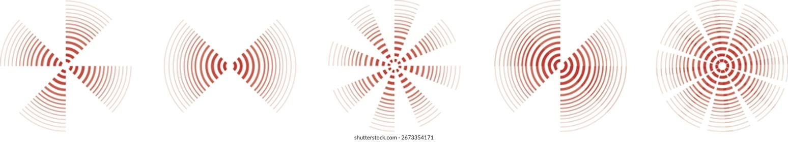 Collection of abstract segmented concentric shapes in red gradient style. Each design features radial divisions creating dynamic optical patterns resembling propellers, pie charts.