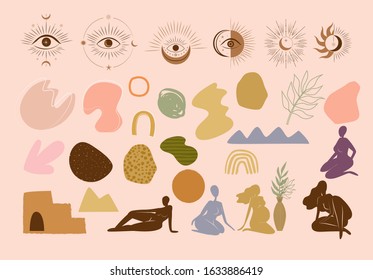 Collection of abstract shapes, esoteric symbol,  Eye of Horus and women body silhouette, minimalist style. Vector Illustration