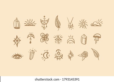 Collection of abstract shapes, esoteric symbol. Vector witch magic design elements set. Hand drawn, doodle, magician collection