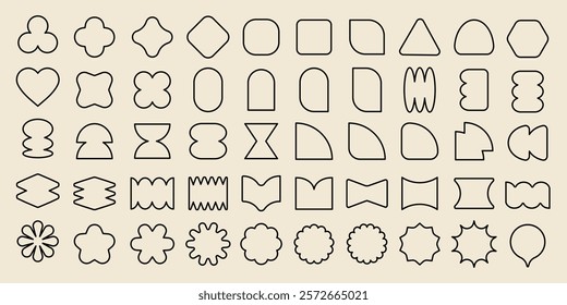 A collection of abstract shapes, featuring geometric designs, curves, and angles. These abstract shapes include circles, triangles, and unique patterns. Black shapes, vector element set.