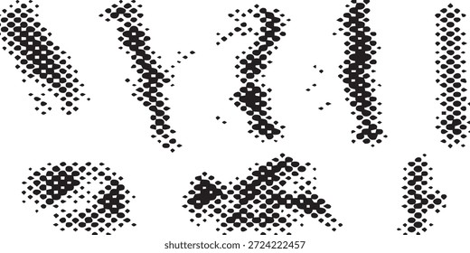 Uma coleção de formas abstratas formadas por pontos de meio-tom, criando um efeito de sobreposição texturizado.