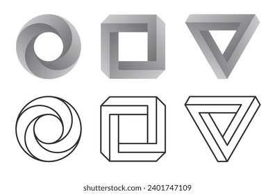 Colección de formas abstractas aisladas en fondo blanco. Conjunto de formas imposible. Ilustración vectorial.