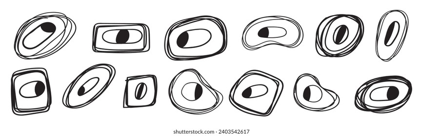 Collection of abstract shapes with open eyes. Magical concept. Vector outline isolated flat illustrations. Graphic design on white background.