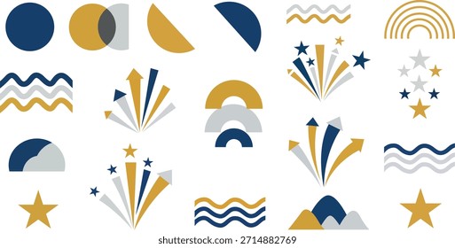 A collection of abstract shapes and patterns in blue, yellow, and grey on a white background, including stars, arches, and wavy lines.