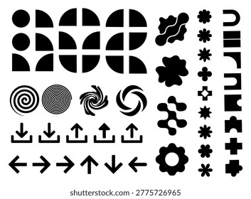 Collection of abstract shapes, spirals, puzzle pieces, and icons. Modern and versatile design assets.