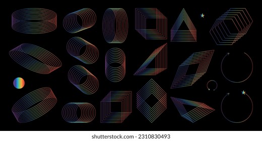 Die Kollektion abstrakter Formen ist eine trendige Mischung aus modernen, vielfältigen Designelementen und geometrischen Formen. Eine Reihe von Cyberpunk-Retro-Futurismus, Vaporwave. Design-Elemente für Web, Werbung