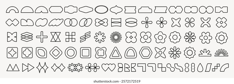 A collection of abstract shapes in various geometric forms. Includes circles, squares, and triangles. Perfect for design projects and creative layouts. Black shapes, vector element set.