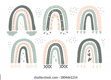 Colección de arcos abstractos simples en colores azul, gris y rosa, con corazones, nubes, estrellas, lluvia en estilo escandinavo infantil. Diseño de ropa para bebés, carteles, impresiones, tarjetas, tela
