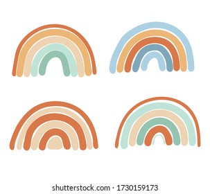 Collection of abstract simple rainbows in mint, blue and brown colors, isolated elements on white background; nursery art design, for printing on baby clothes and textiles, home decor art, vector illu