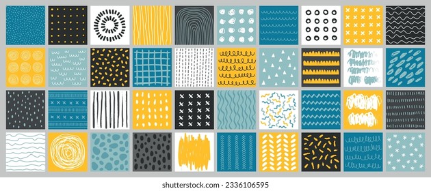 Collection of Abstract sketches, shapes, textures, graphic elements, patterns, trendy graphic cards with geometric elements, hand drawn collection. Vector illustration.