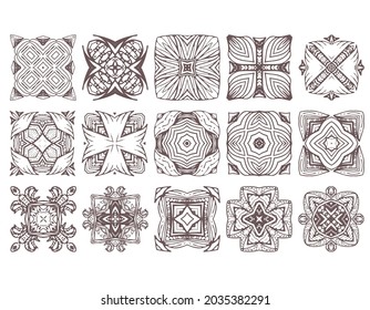 Collection of abstract square patterns with geometry elements, Decor tile, mosaic. Vector illustration for traditional arabic and indian pottery tiling, fabric, wall interior, cloth