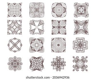 Colección de patrones cuadrados abstractos con elementos de geometría, mosaico Decor. Ilustración vectorial para baldosas tradicionales de arabia e india, tela, interior de pared, tela