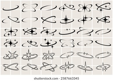 Collection of abstract star and orbit designs. Various orbit shapes and star patterns. Ideal for abstract art and design projects. Orbit and star motifs. Creative elements, vector set.