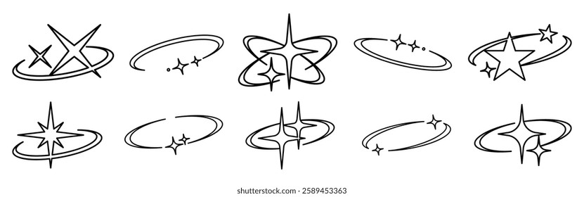 Collection of abstract star and orbit designs. Stars and orbits in various styles. Star and orbit patterns for creative projects. Abstract star motifs. Creative elements, vector set.