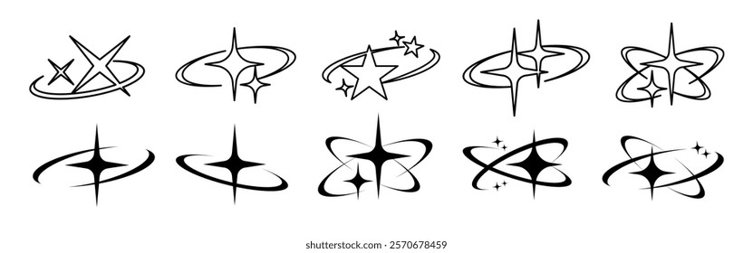 Collection of abstract star symbols, featuring swirling stars and orbiting star designs. Star symbols with dynamic, swirling, and orbiting elements. Element vector collection.