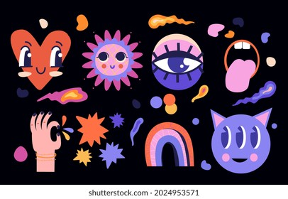 Collection of abstract stickers. Set of icons with heart, sun, rainbow, and celestial bodies. Graphic elements for posters and social networks. Cartoon flat vector illustration on black background