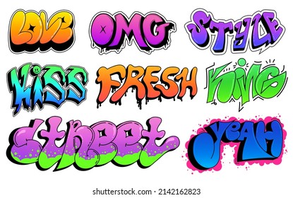 Collection of abstract street graffiti elements. Vibrant vandalism on the walls of spray paint, street art with splashes and drips. Isolated on white background