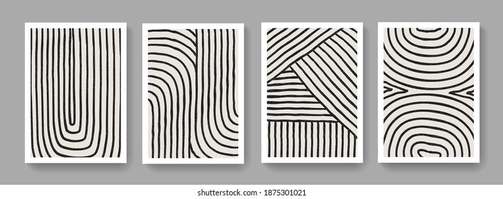 Collection of abstract stripes posters. Mid-centuary concept art. Modern mobochrome posters. Illustration for Covers, Banners, Brochures and Postcards.