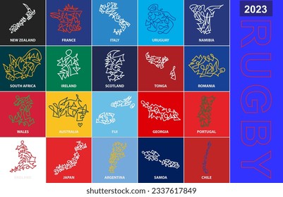 Collection of abstract stroke maps of participants International Rugby competition. Vector illustration.