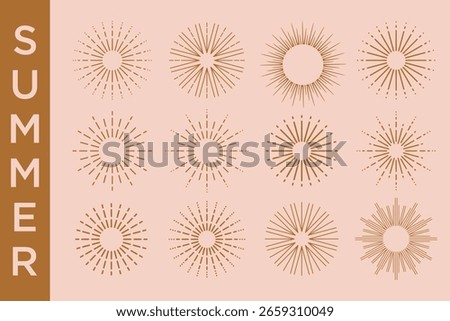 Collection of abstract sun, sunburst logo design . Bohemian minimalist linear sunrise and sunset. Vector illustration