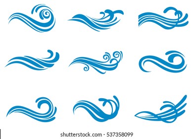 Collection with abstract symbols of blue water splash. Vector illustration