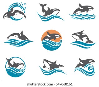 Colección con símbolos abstractos de ballena y ola marina. Ilustración del vector