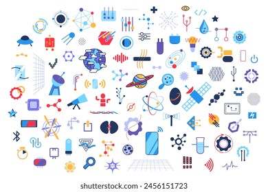 Collection of abstract techno elements, hand drawn big data devices. Modern high tech tools for studying, research and communication. Cartoon flat vector icons isolated on white background