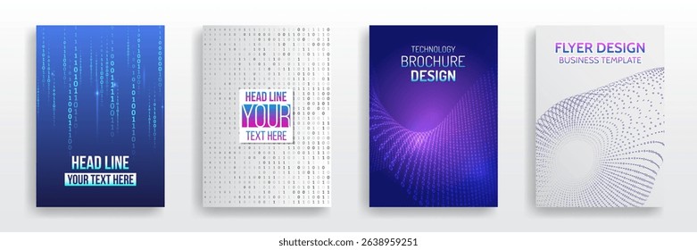 Collection of abstract technology flyer and brochure templates with binary code patterns, digital waveforms, and modern gradient backgrounds. Perfect for tech events, reports, or software design.