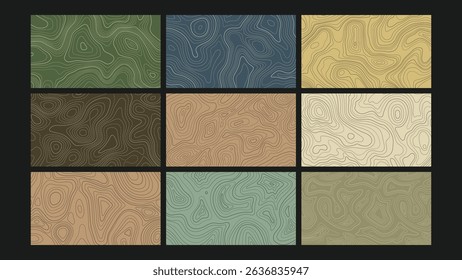 A collection of abstract terrain-style backgrounds inspired by topographic maps, perfect for digital design, outdoor themes, and nature inspired creative projects