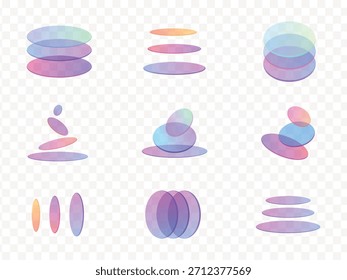 Collection of abstract transparent oval shapes with smooth gradient transitions. Set of stacked, floating, and overlapping ovals in different orientations. Rounded glass layered circles