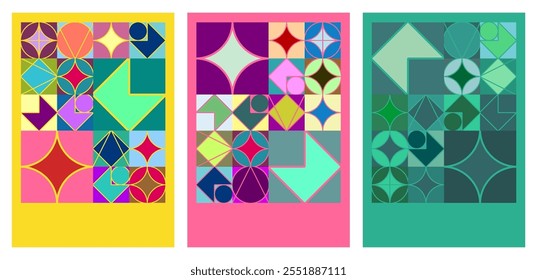 Collection of abstract trendy geometric colorful backgrounds with minimalist shapes and symbols. Modern graphic design for banner, poster, cover, print, card or packaging. Swiss design.