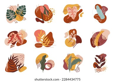 Collection Of Abstract Tropical Leaves With Vibrant And Bold Colors. Set of Exotic Floral Design Elements For Products Related To Nature, Travel Destinations, Jungle Theme. Cartoon Vector Illustration