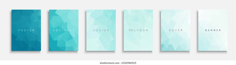 Collection of abstract turquoise bright polygonal covers, templates, placards, brochures, banners, flyers, backgrounds and etc. Contemporary blue light posters  - geometric vibrant design