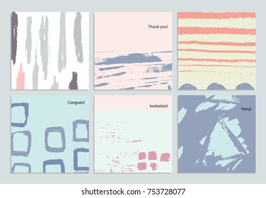 Collection of abstract universal artistic cards.  Creative graphic design for banner, poster, cover, invitation, placard, brochure, flyer. Hand drawn vector illustration. Trendy print