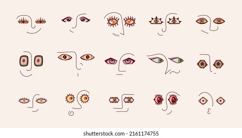 Collection with Abstract Various Strange Faces with Evil, Funny, Comic and Bizarre Eye Different Shapes. Woman, Man, Alien Face. Group of People Icons Vector Set. Modern Art.