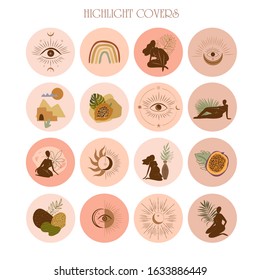 Collection of Abstract various vector highlight covers with tropical elements, esoteric symbols, shapes, plants and woman body silhouette for social media stories. Editable vector illustration